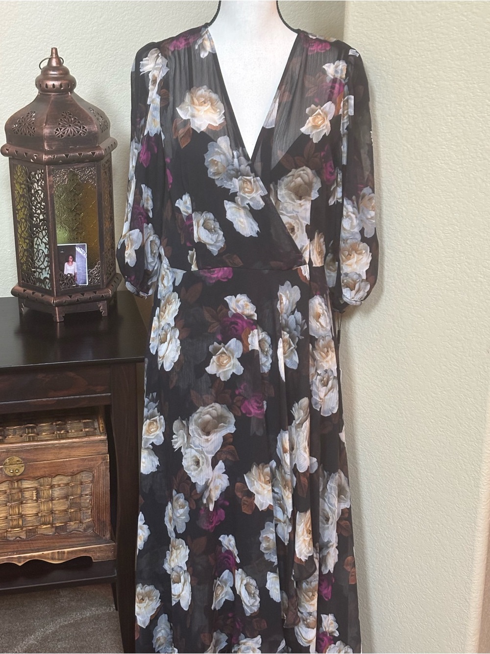 Calvin Klein Black Floral Midi Wrap Dress with White & Pink Roses